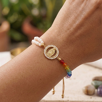 Pulseras trenzadas ajustables de latón con diseño de la Virgen de la Religión, coloridas, con cuentas de vidrio y semillas para mujer., dorado
