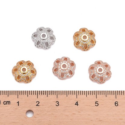 Eco-Friendly 6-Petal Flower Brass Micro Pave Cubic Zirconia Bead Caps, Lead Free & Nickel Free, 11x4mm, Hole: 2mm
