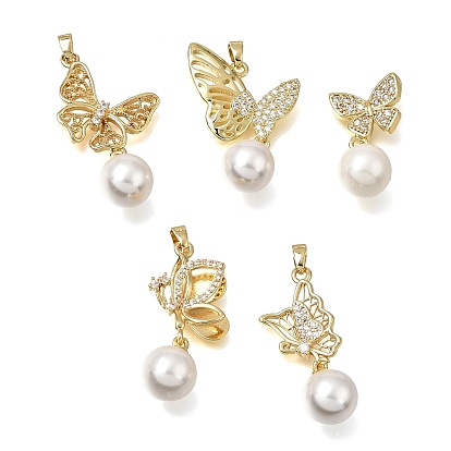 Brass Micro Pave Clear Cubic Zirconia with ABS Imitation Pearl Pendants, Butterfly Charms, Rack Plating, Long-Lasting Plated, Cadmium Free & Lead Free, White