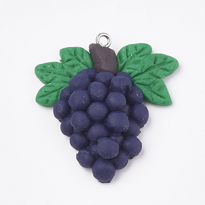 Autumn Theme Handmade Polymer Clay Pendants, with Iron Findings, Grape, Platinum