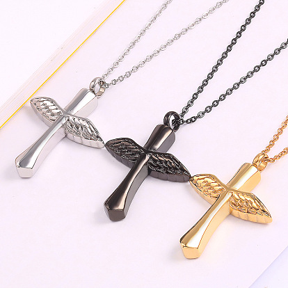 Cross and Wings Urn Ashes Pendant Necklace, 316L Stainless Steel Memorial Jewelry for Women