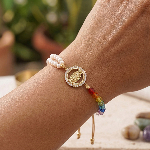 Pulseras trenzadas ajustables de latón con diseño de la Virgen de la Religión, coloridas, con cuentas de vidrio y semillas para mujer., dorado