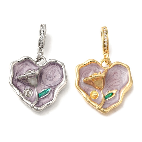 Латунные микро-паве прозрачные кубические цирконии европейские подвески-шармы, эмалированные колышки, за половину пробурено бисера, без кадмия, без никеля и без свинца, сердце с цветочным шармом