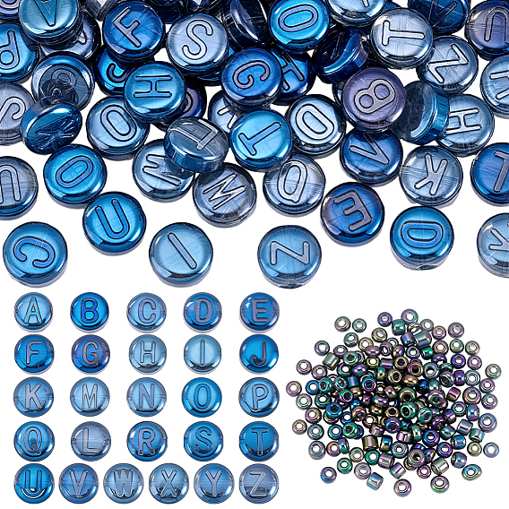 104 шт. 26 стили гальванизированные стеклянные бусины, 150 шт. Стеклянные бусины, плоские круглые с письмом ~ г, с покрытием цвета радуги
