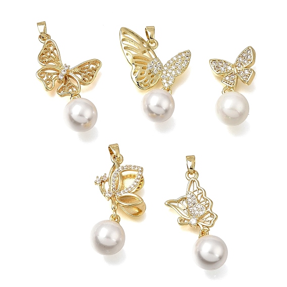 Brass Micro Pave Clear Cubic Zirconia with ABS Imitation Pearl Pendants, Butterfly Charms, Rack Plating, Long-Lasting Plated, Cadmium Free & Lead Free, White