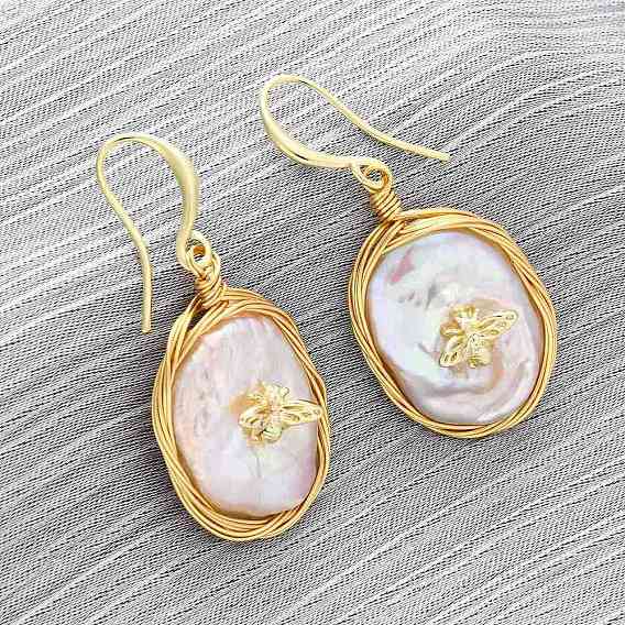 Овальные серьги с насекомыми из латуни с барочным жемчугом