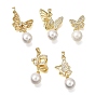 Brass Micro Pave Clear Cubic Zirconia with ABS Imitation Pearl Pendants, Butterfly Charms, Rack Plating, Long-Lasting Plated, Cadmium Free & Lead Free, White