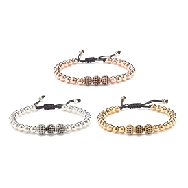 Round Synthetic Hematite Braided Bead Bracelet with Cubic Zirconia, Gemstone Adjustable Bracelet for Women