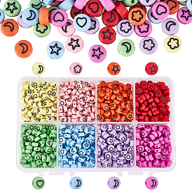 1600Pcs 8 Colors Opaque Acrylic Beads, with Enamel, Flat Round with Heart & Star & Moon & Flower