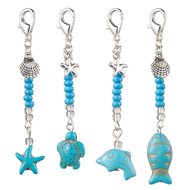 4Pcs Synthetic Turquoise Pendant Decorations, with Alloy Charms and Zinc Alloy Lobster Claw Clasps