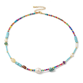 Natural Turquoise & & Pearl & Glass Seed Beaded Necklace for Women, Cadmium Free & Lead Free