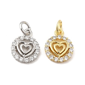 Brass Micro Pave Clear Cubic Zirconia Charms, with Jump Ring, Flat Round with Heart Charm