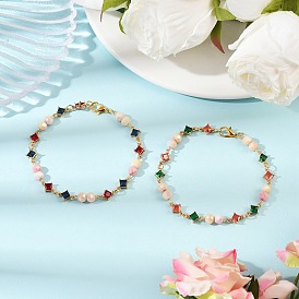 2Pcs 2 Colors Glass Beaded Link Bracelets for Women, Rhombus, with Electroplated Glass Abacus Beads