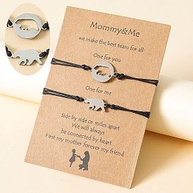 Cute Bear Stainless Steel Hollow Out Wax Cord Bracelet for Mother's Day