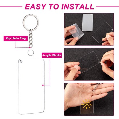 BENECREAT DIY Transparent Acrylic Keychain Clasps Making Kits, Including Rectangle Blank Big Pendants, Iron Split Key Rings
