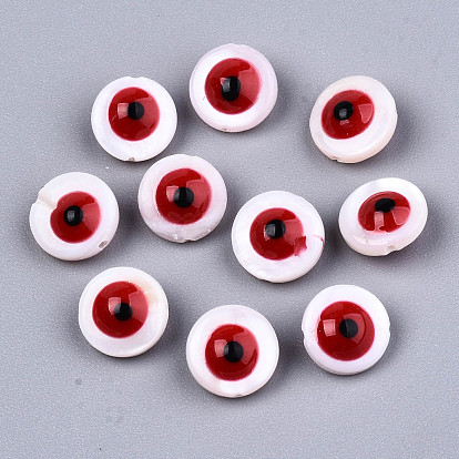 Natural Freshwater Shell Beads, with Enamel, Enamelled Sequins, Flat Round with Evil Eye