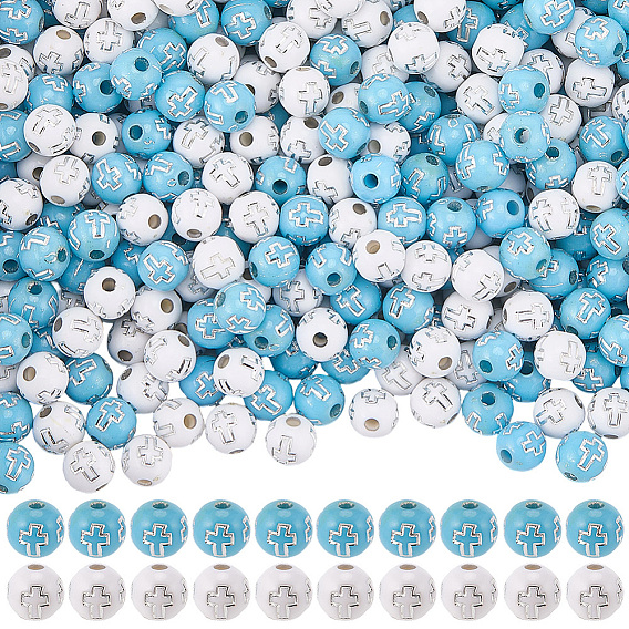 500 шт 2 цвета покрытия акриловых бусин, серебристого металла, обвитыми, круглые с крестом