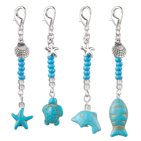 4Подвески из синтетической бирюзы шт., с подвесками из сплава и застежками-когтями из цинкового сплава