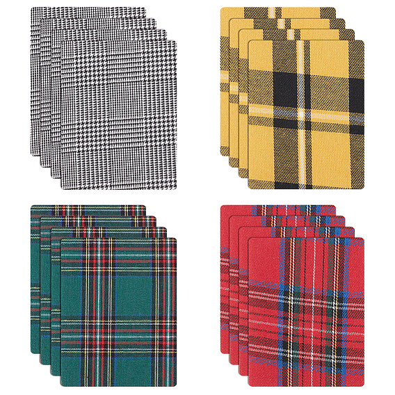 32Pcs 4 Colors Polyester Iron on Cloth Patches, Clothing Repair Patches, Appliques, Rectangle with Tartan