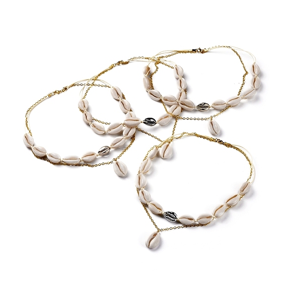 2 Layered Necklaces, with Cowrie Shell Beads, Waxed Polyester Cord, Golden Plated Brass Cable Chains and 304 Stainless Steel Lobster Claw Clasps