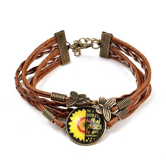 1ПК, тема «Ты мое солнце», плоский круглый браслет с кожаным шнуром в виде подсолнуха, многорядные браслеты, винтажные украшения из сплава с бабочкой и бесконечностью для женщин