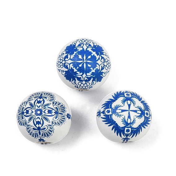 Спрей окрашены деревянные европейские бусины, бусины с большим отверстием, круглая с имитацией сине-белого фарфорового узора