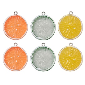 6Pcs 3 Colors Flat Round Resin Fruit Pendants, Orange Charms, with Platinum Tone Iron Loops