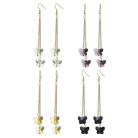 Butterfly Glass Dangle Earrings, Golden Tone 304 Stainless Steel Cable Chain Tassel Earrings for Women