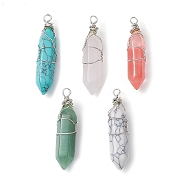 Gemstone Copper Wire Wrapped Faceted Pendants, Double Terminated Pointed Bullet Charms, Silver