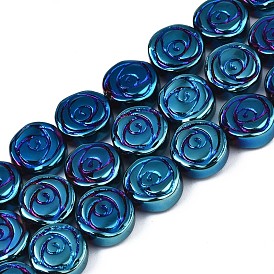 Brin de perles de verre opaque galvanoplastie, plat rond avec la fleur rose