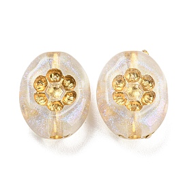 Plating Transparent Acrylic Beads, Golden Metal Enlaced, AB Color, Oval with Flower