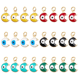 24 pcs 6 couleurs breloques en laiton émaillé, réel 18 k plaqué or, avec des anneaux de saut, lune avec un mauvais oeil, sans cadmium et sans plomb