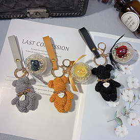 Adorable Knitted Teddy Bear Keychain with Eternal Rose for Women's Gifts and Accessories