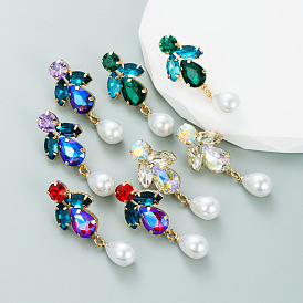 Sparkling Rhinestone Alloy Earrings with Pearl Drops for Women's Fashion Statement Jewelry