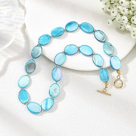 AB Color Natural Freshwater Shell Flat Oval Beaded Necklaces, with 304 Stainless Steel Toggle Clasps, Golden