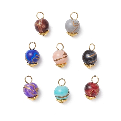 8шт. подвески из стекла и сплава, круглый с цветочным узором, с латунными петлями