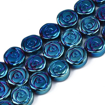 Brin de perles de verre opaque galvanoplastie, plat rond avec la fleur rose