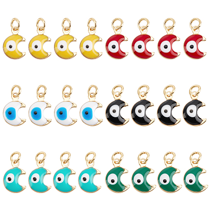 24 pcs 6 couleurs breloques en laiton émaillé, réel 18 k plaqué or, avec des anneaux de saut, lune avec un mauvais oeil, sans cadmium et sans plomb
