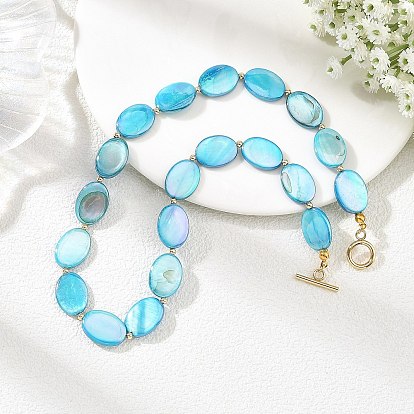 AB Color Natural Freshwater Shell Flat Oval Beaded Necklaces, with 304 Stainless Steel Toggle Clasps, Golden