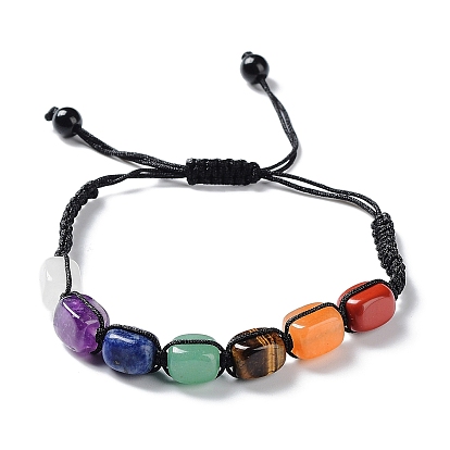 Natural Mixed Gemstone Rectangle Braided Bead Bracelets, Chakra Yoga Adjustable Bracelets