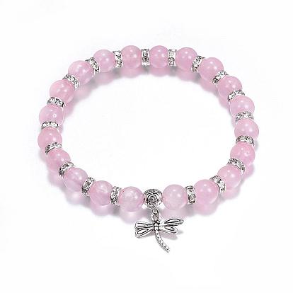 Natural Gemstone Charm Bracelets, Stretch Bracelets, with Alloy Dragonfly Pendants, Antique Silver