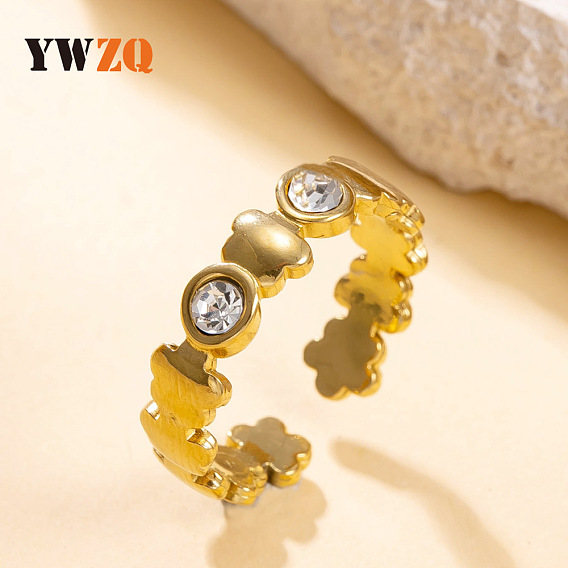 304 Stainless Steel Cuff Open Rings, Flower, with Rhinestone