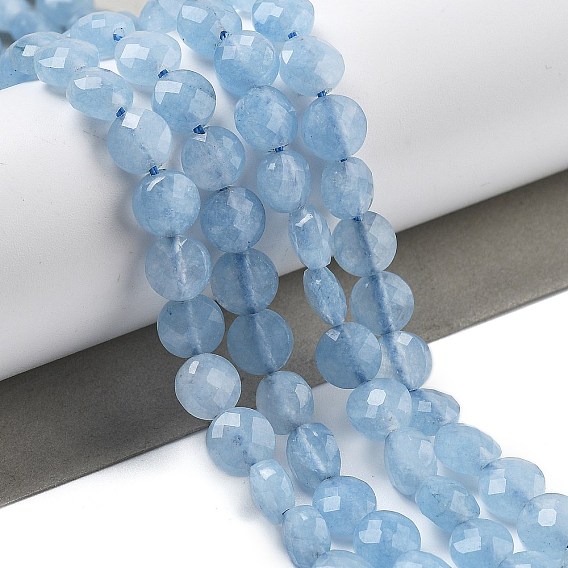 Нити бусин из натурального окрашенного кварца, имитирующие аквамарин, граненые, плоско-круглые