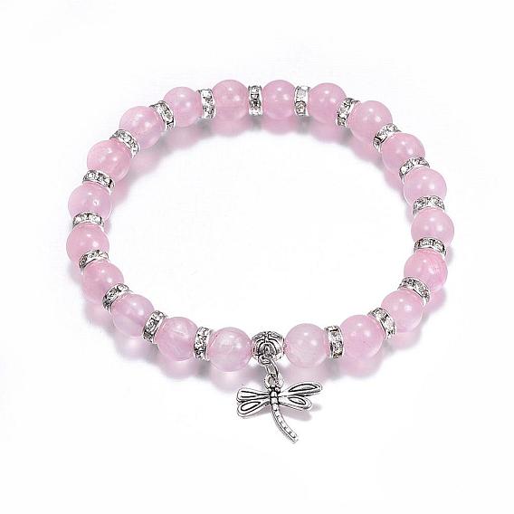 Natural Gemstone Charm Bracelets, Stretch Bracelets, with Alloy Dragonfly Pendants, Antique Silver