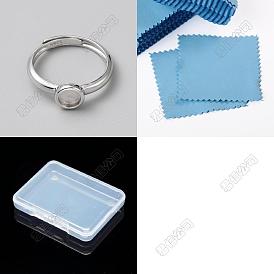 1Pc 925 Sterling Silver Adjustable Ring Components, Pad Ring Settings, with 1Pc Suede Fabric Square Silver Polishing Cloth