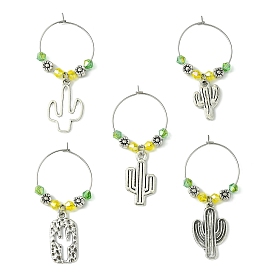 Tibetan Style Alloy Cactus Wine Glass Charms, with Glass Beads and Brass Wine Glass Charm Rings