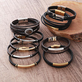 Vintage 304 Stainless Steel Men's Braided PU Leather Bracelets with Metal Clasps, Black