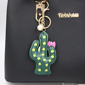 Green Leather Cactus Keychain Pendant for Backpack, Wallet and Keys
