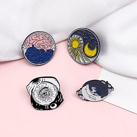 Yin Yang Tai Chi Alloy Brooch Set with Sun, Moon, Dolphin and Hands - Trendy Badge Jewelry