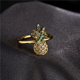 Exquisite Pineapple Copper Micro-inlaid Open Ring with AAA Zirconia and Real Gold Plating for Women